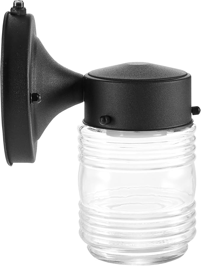 Maxxima Outdoor Wall Lantern Light Fixture, Enclosed Clear Ribbed Glass Jelly Jar Exterior Light, Black Finish, Dusk to Dawn Sensor, 800 Lumens, Photocell Sensor, 3000K Warm White