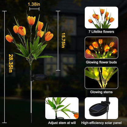 Aolyty Solar Garden Lights Outdoor, Solar Tulip Lights 2 Pack with 14 Tulip Flowers, IP65 Waterproof LED Stake Light for Pathway Patio Yard Landscape Decorative (Orange)