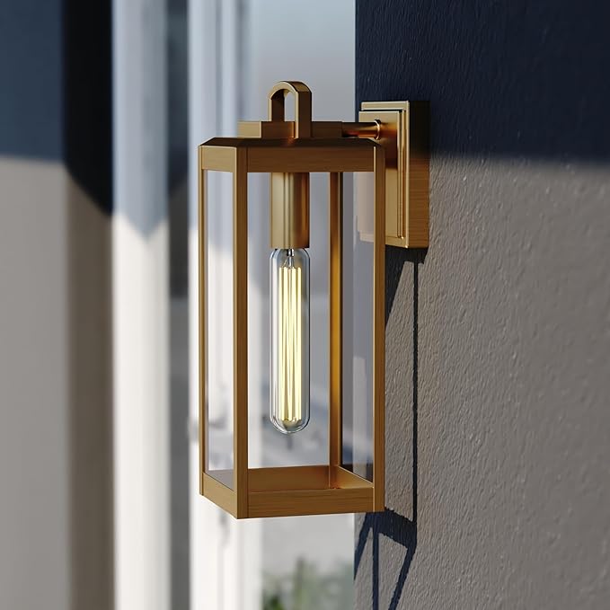 VAXCEL Kinzie Outdoor Porch Light, 5" W x 14.25" H Gold Brass Outdoor Lantern, Modern Dusk to Dawn Wall Light for | Lumora
