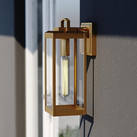 VAXCEL Kinzie Outdoor Porch Light, 5" W x 14.25" H Gold Brass Outdoor Lantern, Modern Dusk to Dawn Wall Light for Porch, Patio, Deck, or Front Door