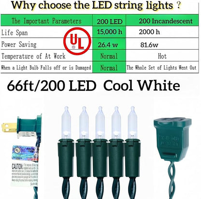 200 LED Cool White Christmas Lights, UL Certified and Commercial Green Wire String Lights 66ft, for Indoor and Outdoor Winter, Wedding, Garden, Patio.