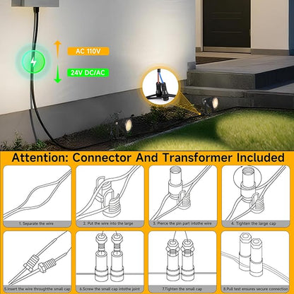 Low Voltage Safety Landscape Lights Outdoor: 7W 840LM LED Landscape Lighting with Connectors & Transformer for Tree Garden Yard Pathway | 24V Warm Yellow 3000K Spotlights | IP65 Waterproof | 12 Pack