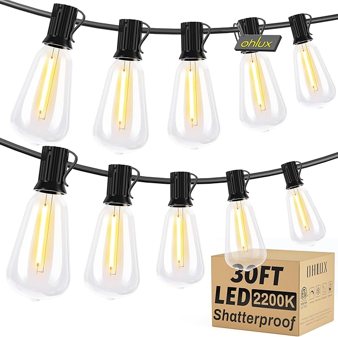OHLUX Outdoor Light String, 30FT Dimmable Outdoor String Lights with 17 Shatterproof ST38 LED Vintage Edison Bulbs,2200K Connectable Hanging Lights for Deck Porch Bistro Gazebos Balcony Garden