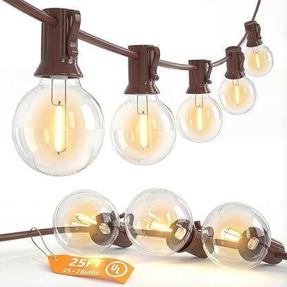SUNSGNE 25FT Brown Outdoor String Lights, Shatterproof LED Globe String Lights with G40 Bulbs, Waterproof Connectable Hanging Light for Backyard Patio Porch Balcony Party Decor, E12 Base