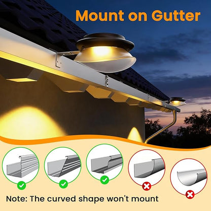 ROSHWEY Outdoor Fence Lights, 6 Pack Solar Gutter Lights with 9 LED Waterproof for Eaves Garden Garage Porch Stairs Wall 2 Installations Methods, Black Lampshade (Warm White)
