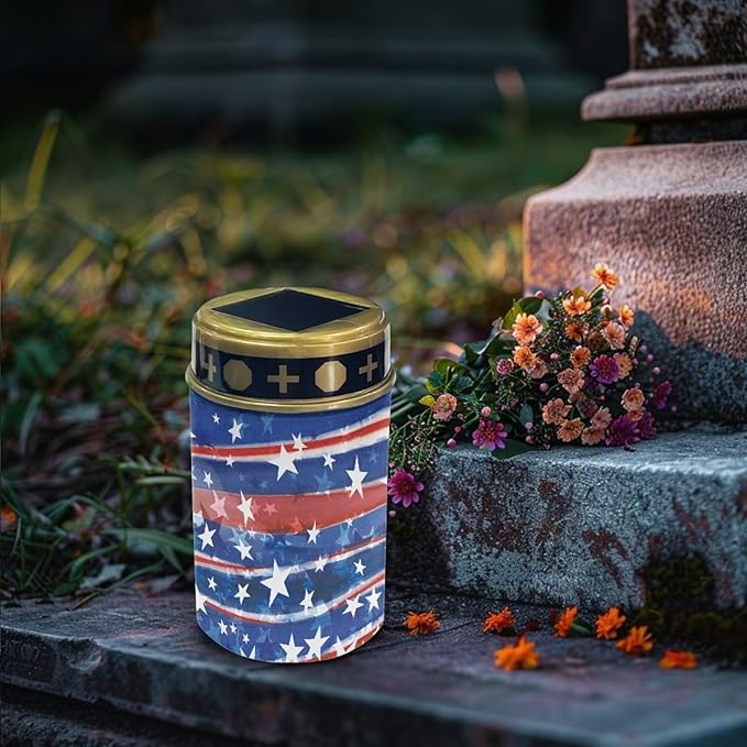 American Flag Stripes Cemetery Solar Lights for Grave Printed Solar Garden Lights for Cemetery Solar Lights Outdoor Garden, Eternal Lights for Cemetery Grave Decorations