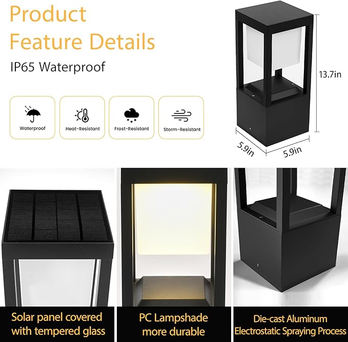 Solar Bollard Lights Outdoor, Premium Modern Led Landscape Pathway Lights Waterpoorf, Path Lighting for Garden Yard Walkway, 3CCT Seturable, Dusk to Dawn, Auto On/Off (2 Pack)