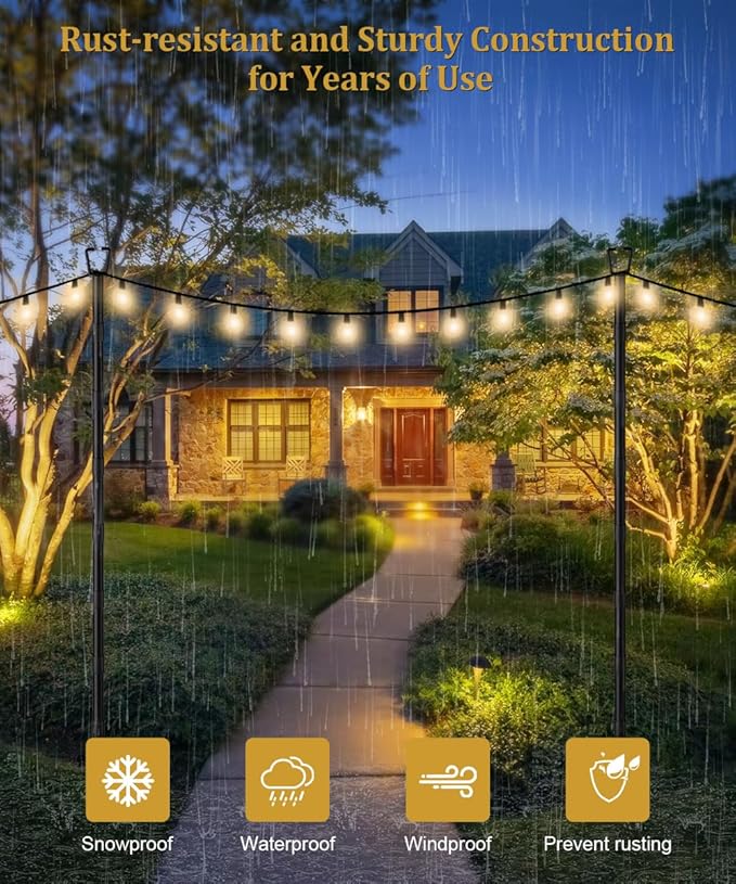 10FT String Light Poles for Outdoor Decor, Sturdy Light Pole with Fork, Adjustable Metal Posts for Outside Patio | Lumora