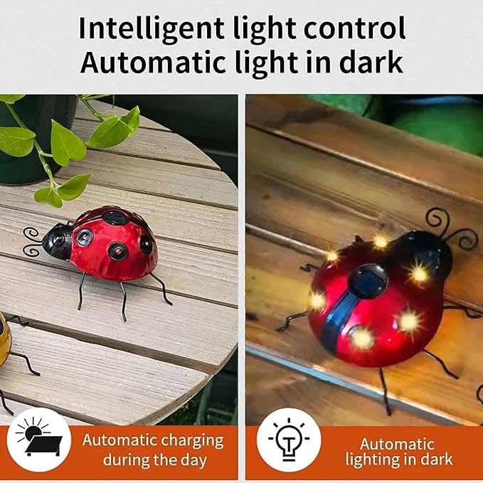 keeda Solar Ladybugs Garden Decor, Waterproof 5.5 Inch Metal Lady Bugs Cute Wall Art LED Garden Light Outside Decor for Porch Lawn Patio Balcony Pathway (Red)