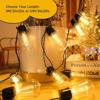VENETIO 30LED 12m Solar String Lights Outdoor Waterproof, [3000K Auto Light-Sensing] 50,000H Long-Lasting, 8 Lighting Modes + 4 Timer/Dimmer Remote Control, Shatterproof IP54 Garden Patio Lights