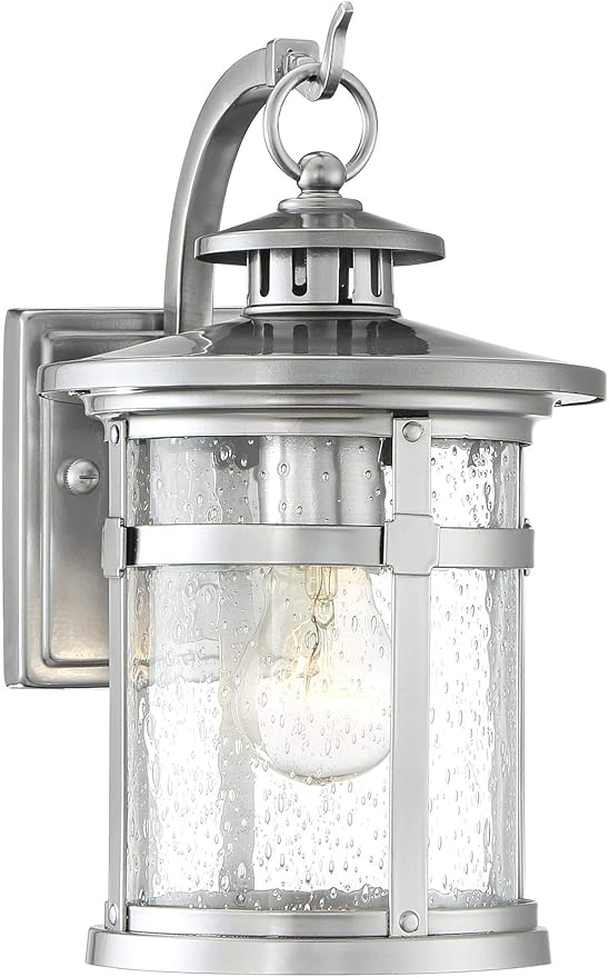 Franklin Iron Works Callaway Modern Industrial Outdoor Wall Light Fixture Chrome 14 1/2" Clear Seedy Glass Lantern for Exterior House Porch Patio Outside Deck Garage Yard Front Door Garden Home