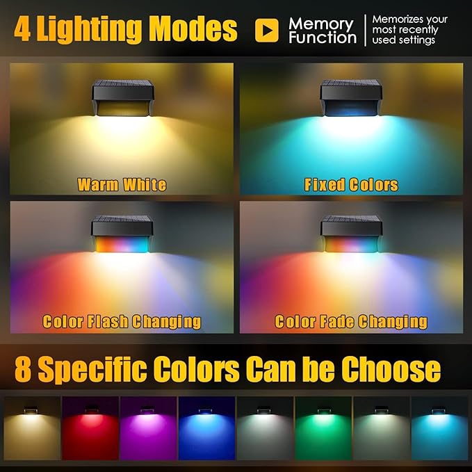 AMKI Solar Lights Outdoor, 4 Pack Solar Fence Light Waterproof with 4 Modes, Warm White & RGB Color Changing Solar | Lumora