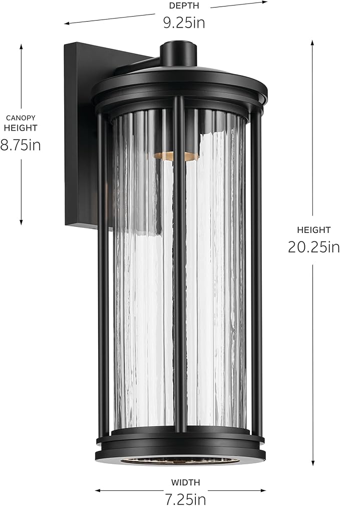 Kichler Barras 20.25" 1-Light Outdoor DarkSky Approved Wall Sconce with Clear Ribbed Glass in Black, Vertical | Lumora