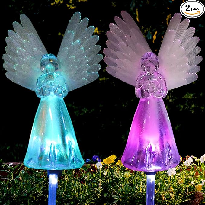 2 Packs Solar Angel Lights Outdoor, Color Changing Landscape Path Lights, Waterproof Cemetery Decorations for Grave, Memorial Garden, Backyard, Lawn, Pathway