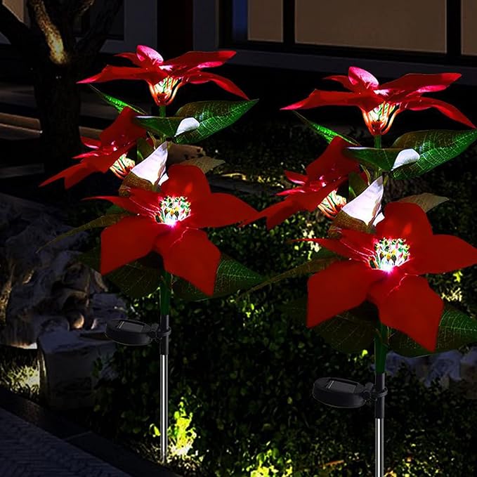 MSUIINT 2 Pcs Christmas Decorations Outdoor Solar Lights, Artificial Red Poinsettia Flower Decorations Solar Stake, Waterproof Solar Pathway Lights for Xmas Garden Yard Patio Lawn Decor