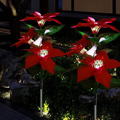 MSUIINT 2 Pcs Christmas Decorations Outdoor Solar Lights, Artificial Red Poinsettia Flower Decorations Solar Stake, Waterproof Solar Pathway Lights for Xmas Garden Yard Patio Lawn Decor
