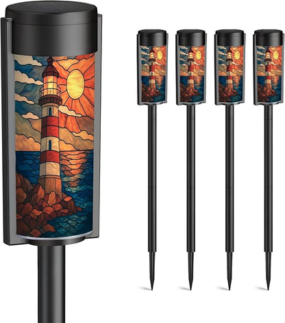 4 Pack Solar Pathway Lights Outdoor Waterproof Coastal Lighthouse Stained Glass Hanging Ornament Solar Garden Lights LED Landscape Lighting for Yard Walkway Lawn Garden Decor