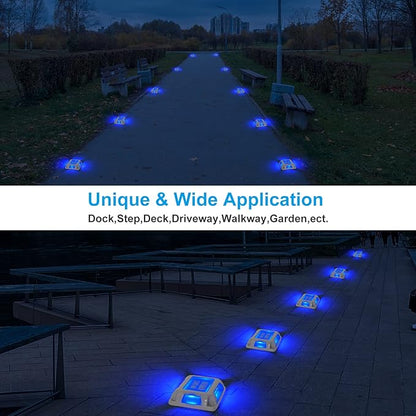 Solar Deck Lights Driveway Dock Lights- 8 Packs Waterproof 1200mAh Solar Powered Outdoor LED Aluminum Dock Lighting Road Markers Step Light for Driveway Sidewalk Garden Pathway Yard (Blue)