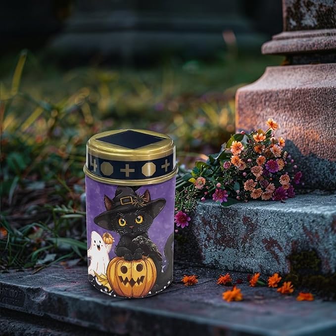 Black Cat Ghost Pumpkin Cemetery Solar Lights, Solar Powered Garden Stake Lights, Halloween Decorative Lights for Cemetery Grave Yard Patio Outdoor Decoration Memorial