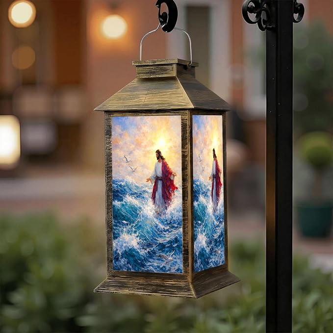 Solar Lantern Outdoor Waterproof Jesus Walks Water Christian Stories Walking Biblical Figure Waves Garden Decor LED Solar Lights Hanging/Tabletop Lamp Gifts for Women Mom for Outside Yard Patio