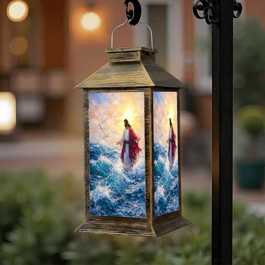 Solar Lantern Outdoor Waterproof Jesus Walks Water Christian Stories Walking Biblical Figure Waves Garden Decor LED Solar Lights Hanging/Tabletop Lamp Gifts for Women Mom for Outside Yard Patio