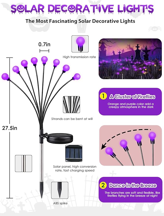 Albelt Halloween Decorations Outdoor, 6 Pack Solar Firefly Lights Outdoor, 48 LED Solar Halloween Lights, Waterproof Swaying Garden Light (Sway by Wind) for Outside Yard Pathway Decor (Purple)