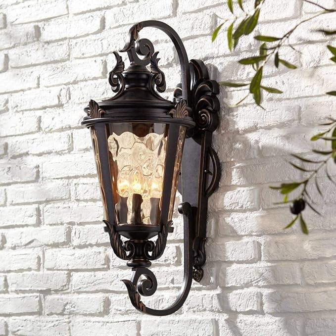 John Timberland Casa Marseille Rustic Industrial Outdoor Wall Light Fixture Warm Bronze Scroll 27 1/2" Hammered | Lumora