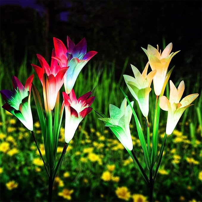 Lxcom Lighting Solar Path Light 4 Pcs Artificial Lily Flowers Waterproof Solar Garden Light Decorative Outdoor Lights Solar Lights Outdoor Garden for Patio Garden Yard Pathway, 4 Pack(Red)