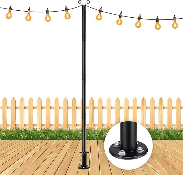 String Light Pole for Ground, 8FT Heavy Duty Adjustable Metal Poles for Outdoor String Light Hanging with Flange | Lumora