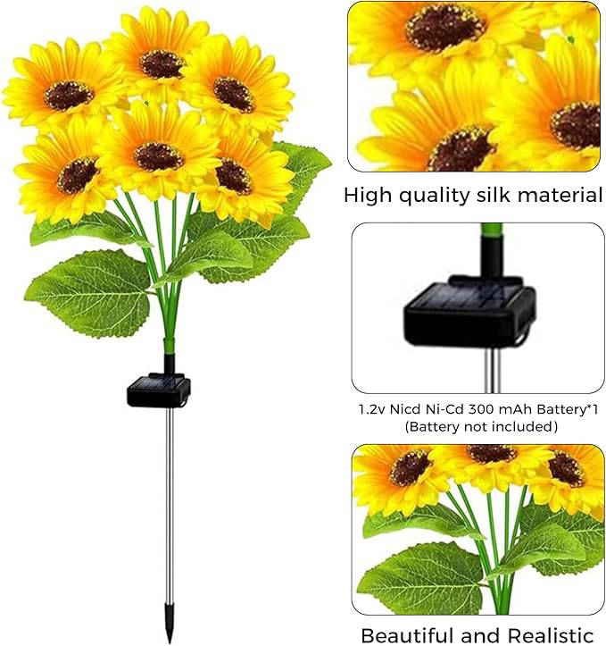 2 Pack Solar Garden Lights Outdoor, Waterproof 6- Sunflower Lights for Yard, Solar Powered Outdoor Lights, Stake Lights for Patio Pathway Lawn Fence