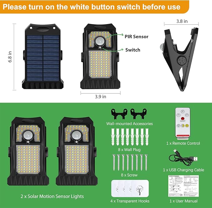 Tryme 118Leds Solar Lights Outdoor Clip Motion Sensor Lights Security Light 3 Modes, 3 Color Temperature, Solar | Lumora
