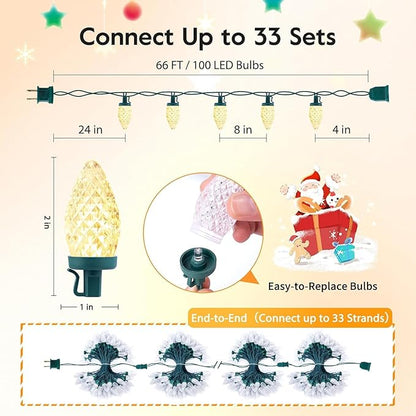 C9 LED Christmas String Lights, 66ft 100 LED Waterproof Strawberry String Lights, Plug-in Extendable Green Wire Lights String for Outdoor Indoor Outside Patio Wedding Party Decoration, Warm White