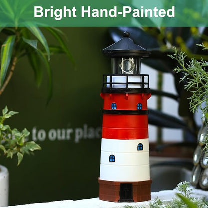 Lighthouse with Rotating Beacon LED Lights - Solar Lighthouse Lamp Outdoor Decorative for Garden Patio Well Cover Gifts(Classic Red)