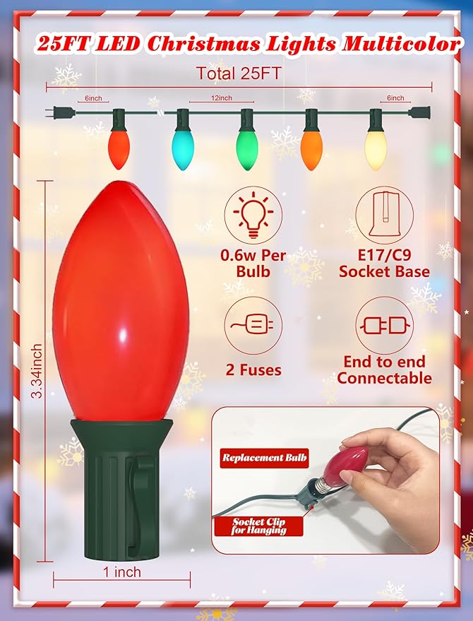 C9 Vintage LED Christmas Lights Outdoor, 25Ft Christmas Tree Lights with 26 Colorful Ceramic LED Bulbs(1 Spare), Hanging Xmas Lights Outdoor for Party/Garden/Yard/Holiday Decor