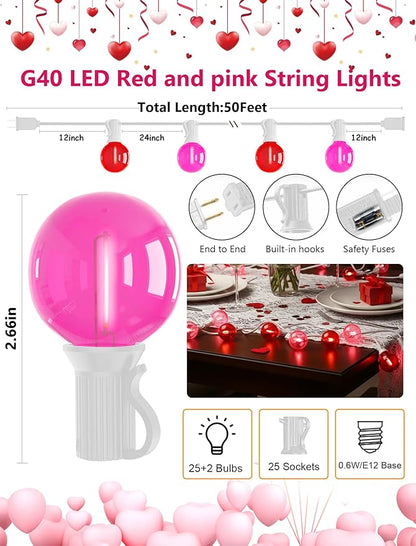 G40 LED Valentine’s Day String Lights, 50Ft Valentines Decorations Lights Outdoor with Clear Red Pink Round Bulbs, Hanging Patio Lights Shatterproof for Indoor Home Decor Wedding Party, White Wire