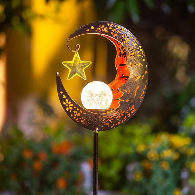 Solar Lights Outdoor Decor Moon Lantern for Patio,Lawn or Pathway Moon Decorations Crackle Glass Globe Stake Metal | Lumora