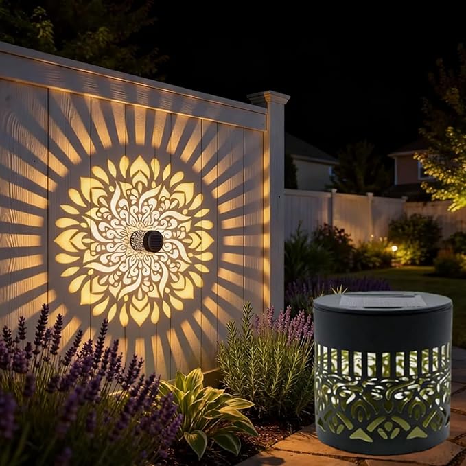 Decorative Solar Mandala Lights, Solar Mandala Lights Outdoor, Metal Waterproof LED Lamp for Garden Fence, Deck Steps, Patio Walls, Outdoor Landscape (1, Mandala Warm Light)