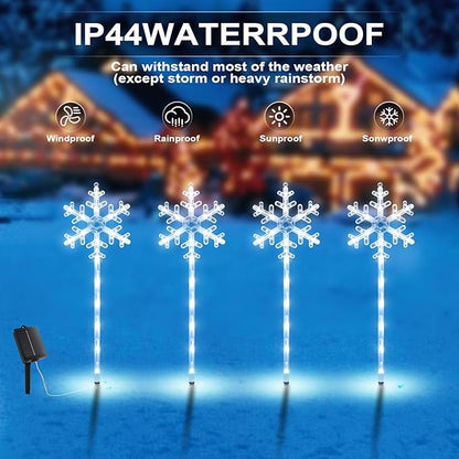 Solar Christmas Pathway Lights Outdoor Decorations, Solar Powered Snowflake Lights, Waterproof Xms Garden Stake Lights Outdoor Christmas Decorations for Patio Yard Porch Lawn, 4 Pack(White)