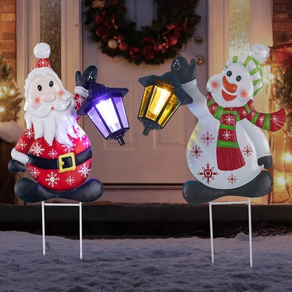 2pk Solar Garden Lights Christmas Decorations Metal Yard Signs Snowman and Santa Mixed Set for Christmas Newy Year Yard Garden Decor