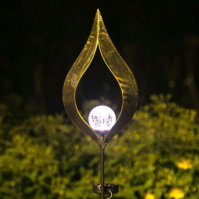 Adeco Solar Lights Outdoor Garden 42 inch Metal Crackle Glass Globe Stake Lights with Large Solar Panel Waterproof LED Lights for Ground Patio Lawn Pathway Courtyard