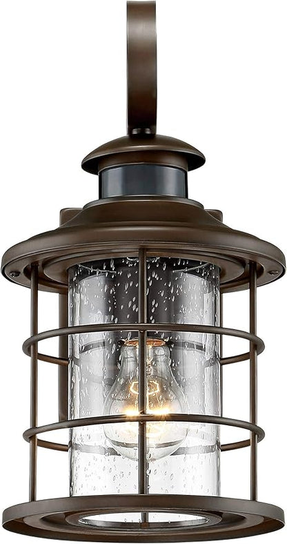 John Timberland Hogan Vintage Outdoor Wall Light Fixture Oil Rubbed Bronze 14" Seedy Glass Dusk to Dawn Motion Sensor for Exterior House Porch Patio Outside Deck Garage Yard Front Door Garden