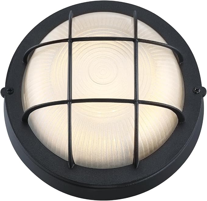 GRUENLICH 8'' Round LED Bulkhead Light Fixture, Outdoor Wall Lights Dimmable, Sauna & Exterior Lighting, ETL Rated, 15W 1500 Lumen, 3000K Warm White, Black Cast Aluminum, Wall/Ceiling Mount, 1 Pack