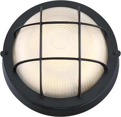 GRUENLICH 8'' Round LED Bulkhead Light Fixture, Outdoor Wall Lights Dimmable, Sauna & Exterior Lighting, ETL Rated, 15W 1500 Lumen, 3000K Warm White, Black Cast Aluminum, Wall/Ceiling Mount, 1 Pack