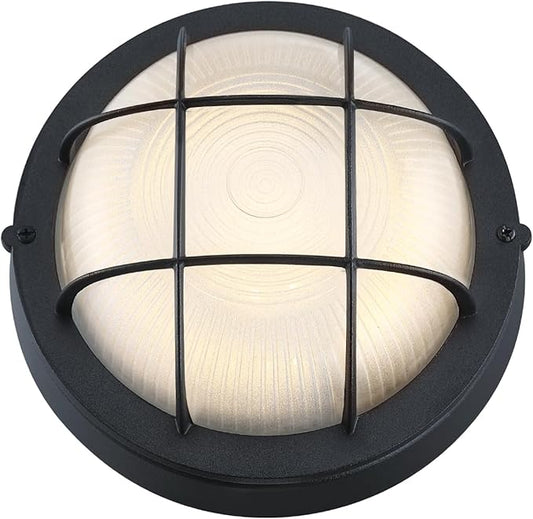 GRUENLICH 8'' Round LED Bulkhead Light Fixture, Outdoor Wall Lights Dimmable, Sauna & Exterior Lighting, ETL Rated, 15W 1500 Lumen, 3000K Warm White, Black Cast Aluminum, Wall/Ceiling Mount, 1 Pack