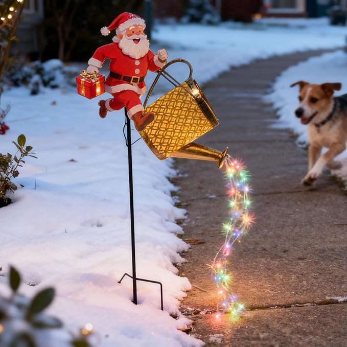 Christmas Santa Solar Kettle Lights, Waterproof Solar Watering Can with Cascading Lights, Garden Lawn Decorative Light, Hanging Metal Solars Santas Watering Can Led Light for Yard Pathway
