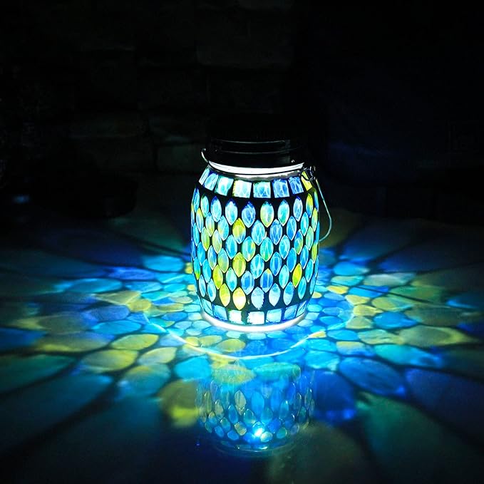 GUANFU Mosaic Solar Lanterns Outdoor Hanging Lights, Solar Table Lamps & Cool Blue Color Mosaic Glass Lights, Outdoor Waterproof Solar Night Lights, Garden,Patio,Pathway & Yard Décor…