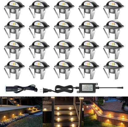 LED Outdoor Deck Lights with Photocell, Φ1.38in Warm White 20 Pack Black, Low Voltage 12 Volt DC IP65 Waterproof, Electric Wired Recessed Stair Step Riser Mini Under Landscape Lighting for Yard