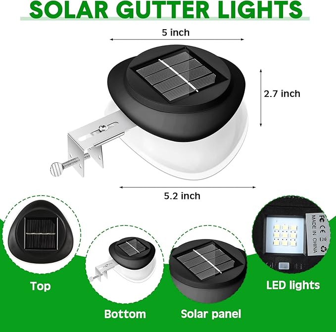 Yinder 12 Pieces Solar Gutter Lights Outdoor 9 LED Waterproof Gutter Solar Lighting Deck Fence Lamps White Lamps for Garden Backyard Pathway Roof Yard Utility Patio Wall (Black)