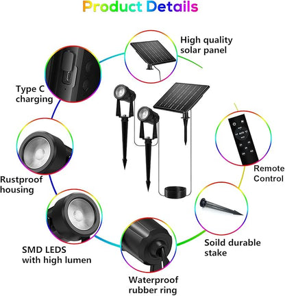 Zyan Solar Color Changing RGB Spotlights with Remote, Separate Monocrystalline Panels & USB-C Powered 18000mAh Auto On Off, Outdoor IP65 Waterproof, for Patio Yard Garden Pathway (12 Pack)