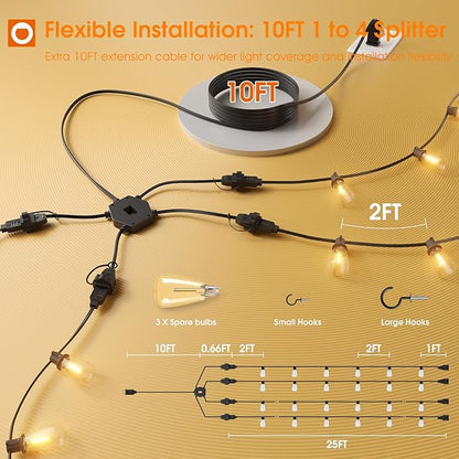 addlon 50FT Solar String Light 1-to-4 Extension Cord String Lights - 110FT Total (4x25FT String Lights + 10FT)